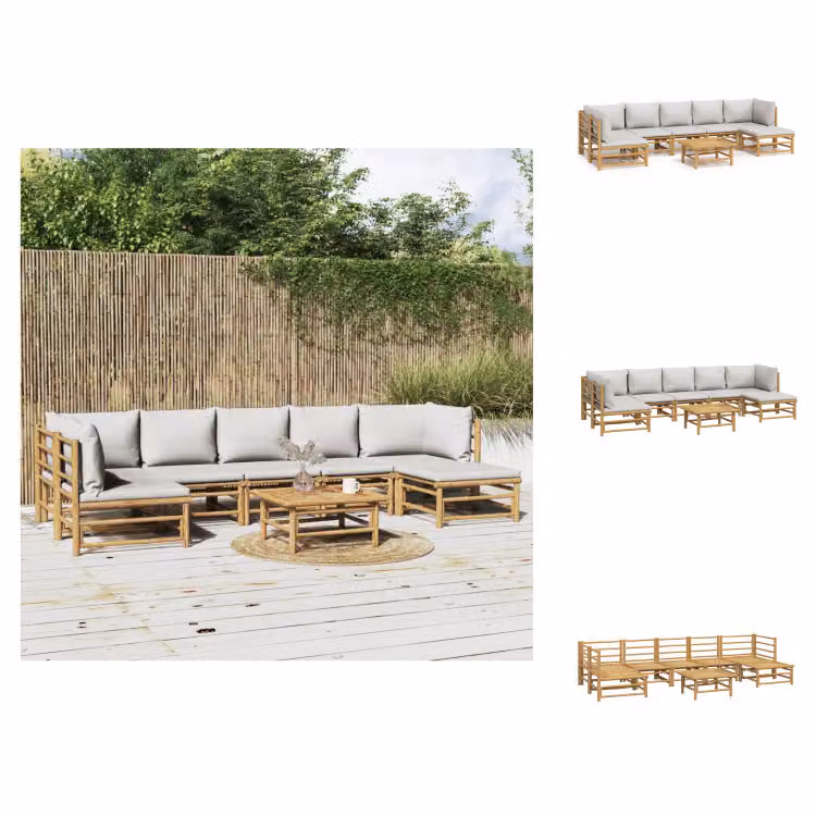 vidaXL set salotto da giardino 8 pezzi con cuscini grigio chiaro bambù - Set di mobili da giardino