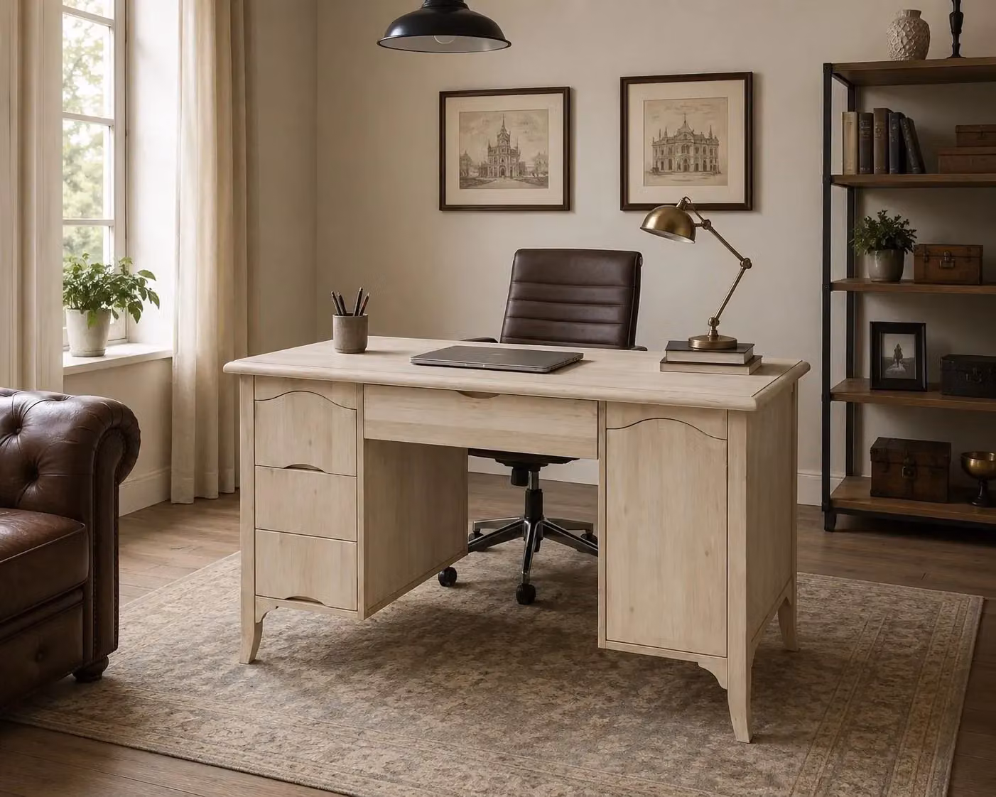 Scrivania in legno di pino stile arte povera con 3 cassetti e 1 porta Mobili 2G L: 130 cm, P: 75 cm, H: 80 cm – 2