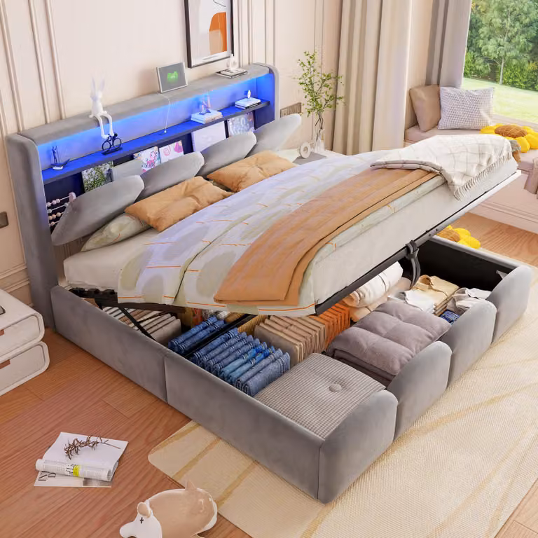 Letto imbottito Merax 140x200 cm con spazio contenitore a sollevamento idraulico, letto matrimoniale con prese USB e Type-C, illuminazione LED, rivestimento in velluto con motivo a petali, colore grigio