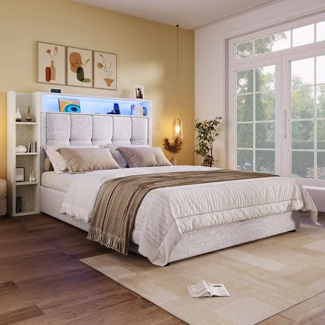 Letto singolo imbottito 90x200cm con carica USB-C; LED e controllo App in lino beige