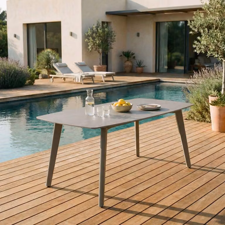 Tavolo da giardino MEZA con piano in Vetroceramica 180x90 cm, champagne – robusto tavolo da terrazza in pietra sinterizzata e alluminio per giardino, balcone e terrazza, resistente alle intemperie e di facile manutenzione