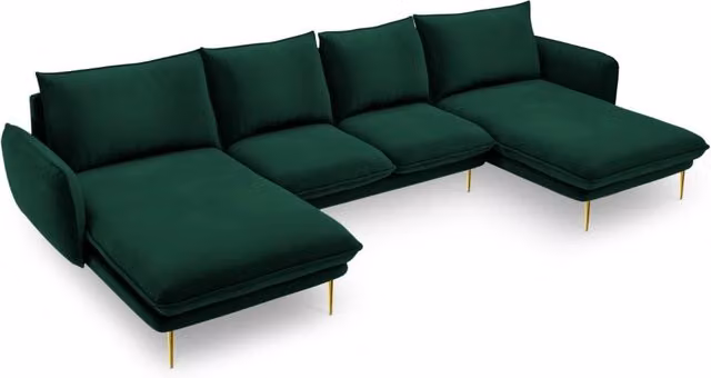 Divano panoramico Vienna Cosmopolitan Design a 6 posti in velluto verde bottiglia con struttura in metallo e cuscini inclusi L: 350 cm, P: 170 cm, H: 95 cm – 1