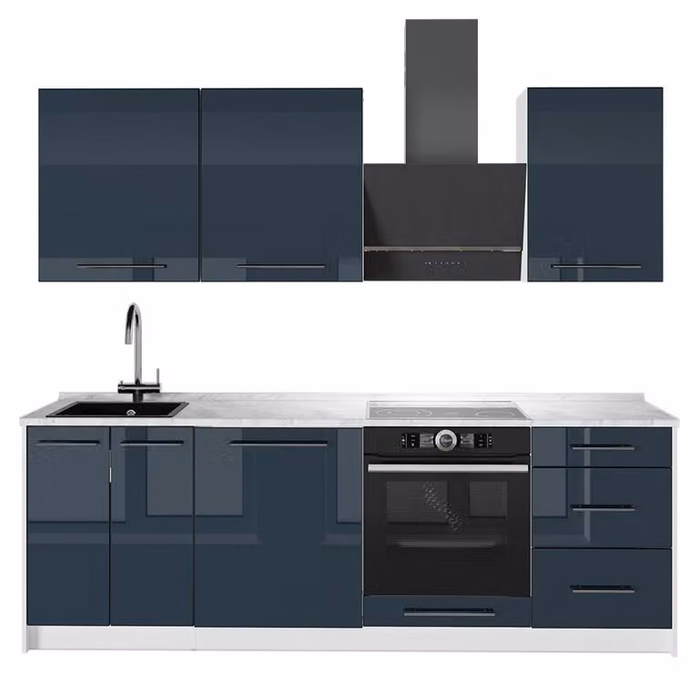 Cucina componibile Vicco Fame-Line Blu scuro lucido/Bianco 230 cm, PL Marmo, Model 64024