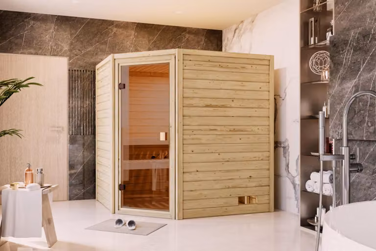Sauna Woodfeeling Mia (ingresso ad angolo), porta tutto vetro, bronzata, riscaldatore 9 kW controllo esterno semplice