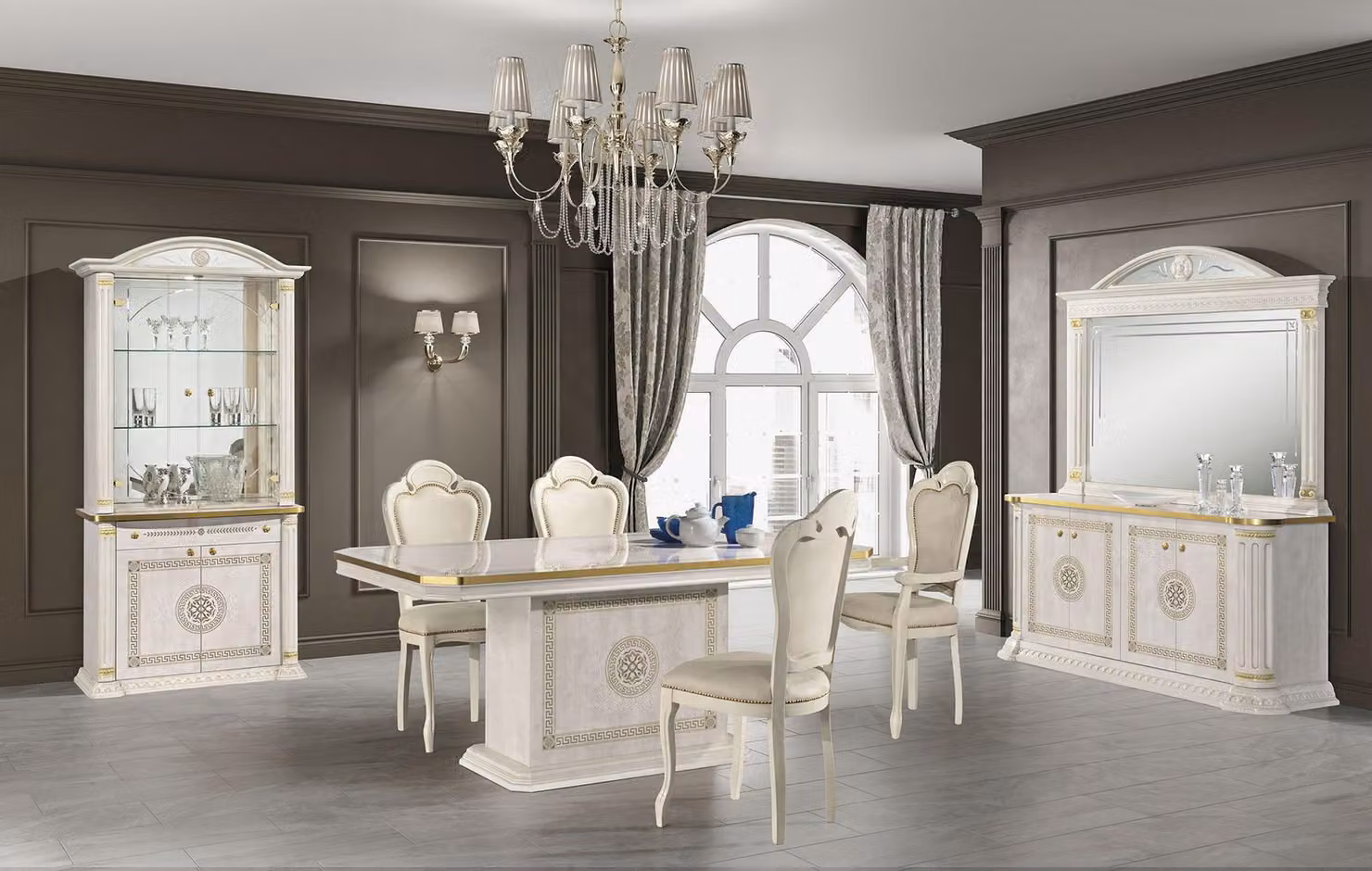 Luxus Set Esszimmer Esstisch Stuhl Kommode Spiegel Vitrine Tisch Gruppe 8tlg.