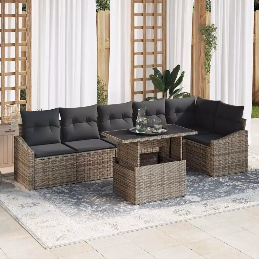 Set Divano da Giardino vidaXL 7 Pezzi a Forma di L in Polyrattan Grigio con Cuscini e Tavolino da Esterno – 1