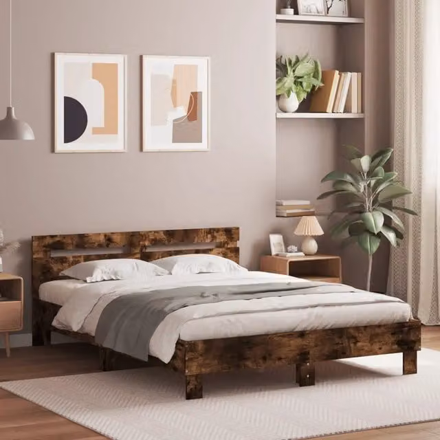 Giroletto con Testiera e LED-Struttura Letto con testiera Rovere Fumo 140x190 cm 168711