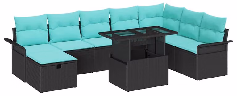 Set Divano da Giardino con cuscino 9 pcs Nero Poly Rattan