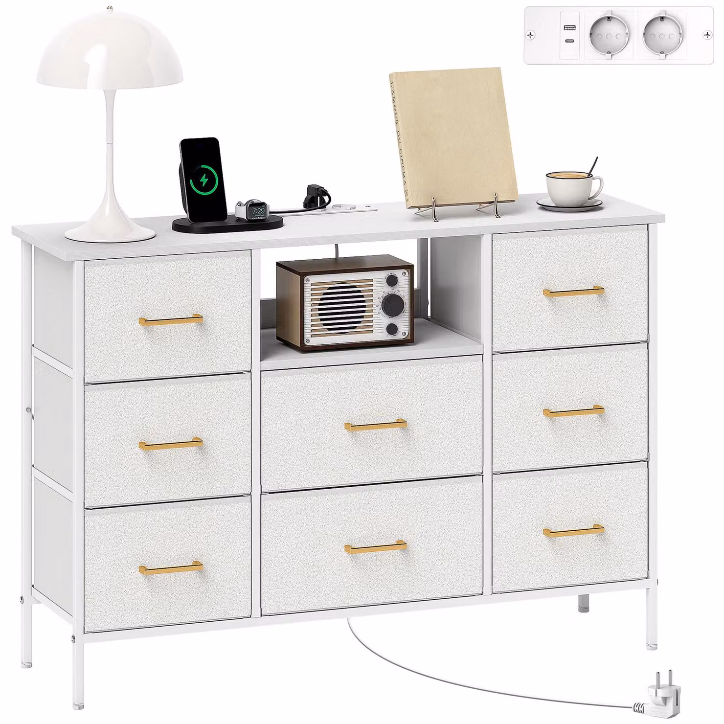 Comodino – Armadio contenitore – 8 cassetti in tessuto – Tira-filo con prese di corrente – Struttura in acciaio – Bianco crema
