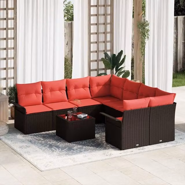 Set Divano da Giardino 9 pz Beige e Rosso polyrattan 3353973