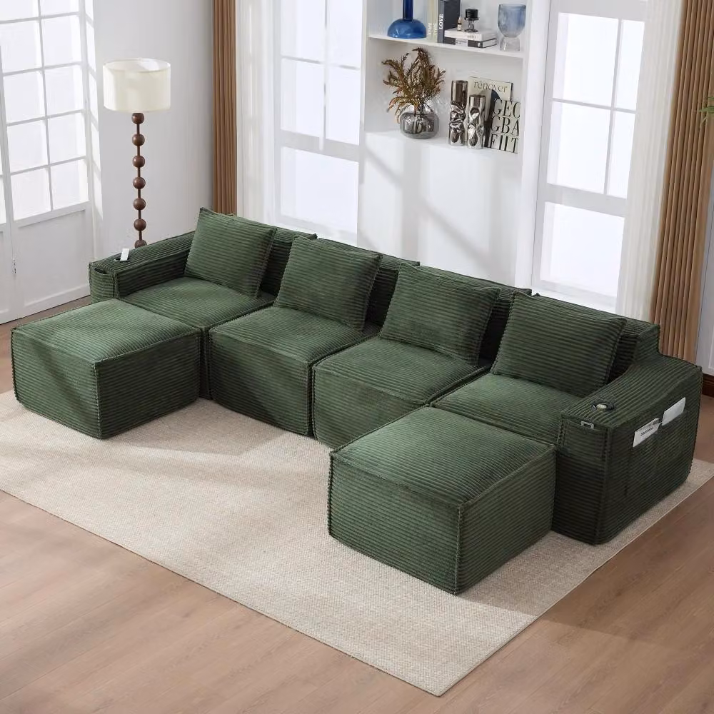 Divano modulare a 4 posti - a forma di "U" - rivestito in tessuto - imbottitura in schiuma - comfort di seduta medio-morbido - da montare - colore verde