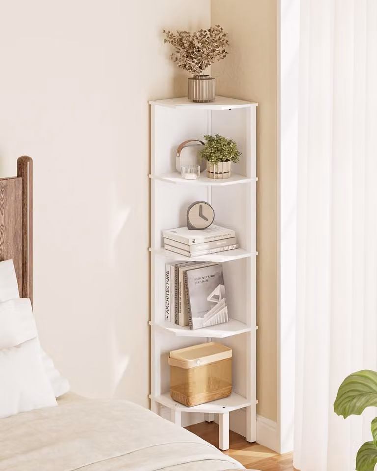 Scaffale angolare a 5 ripiani, ideale per libri e piante, colore bianco