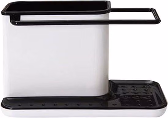Organizer per la lavastoviglie con base antiscivolo, bianco e nero, in plastica, per la cucina, con portaspugna e portasciugamani