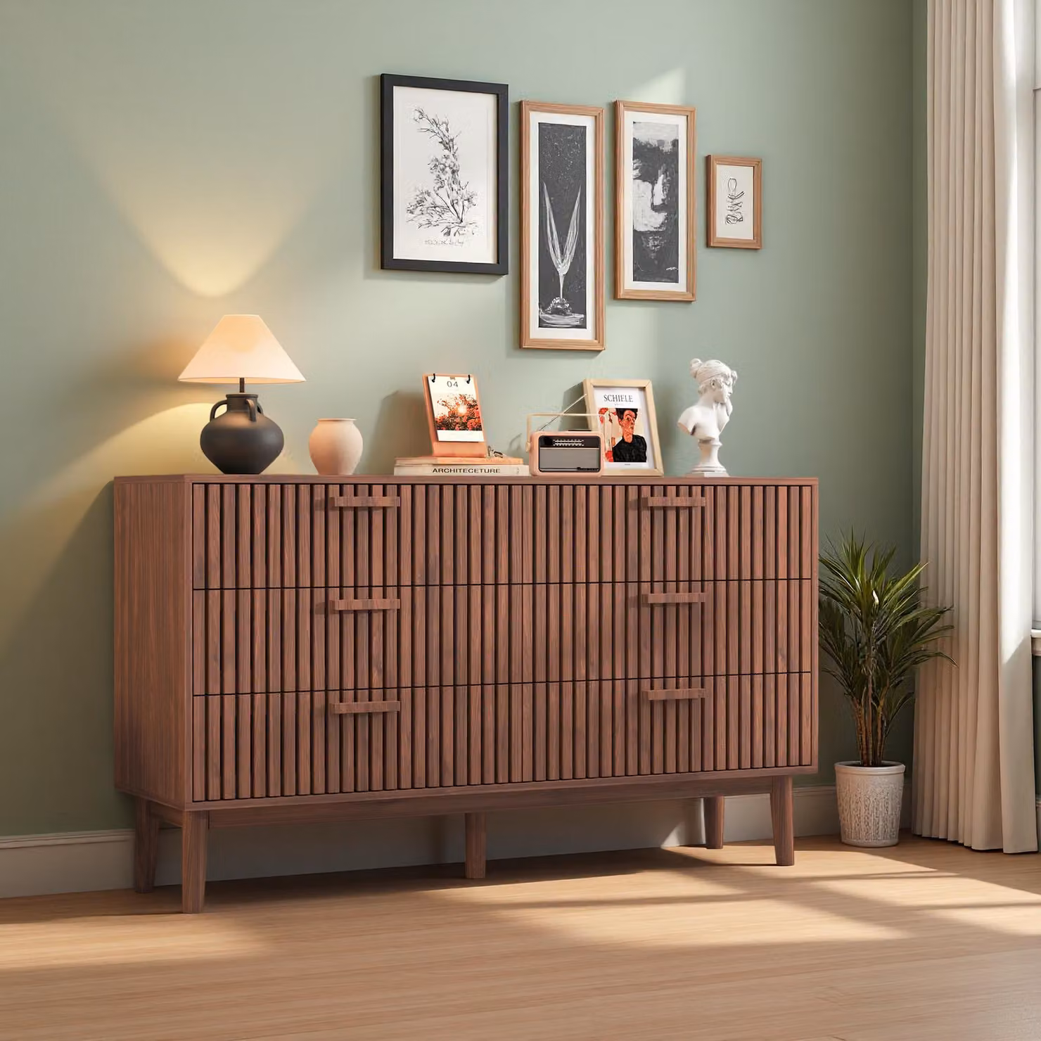 Comodino INONEFT con 6 cassetti, mobiletto contenitore in legno, adatto per camera da letto e soggiorno, dimensioni 34x100x73 cm, colore marrone noce