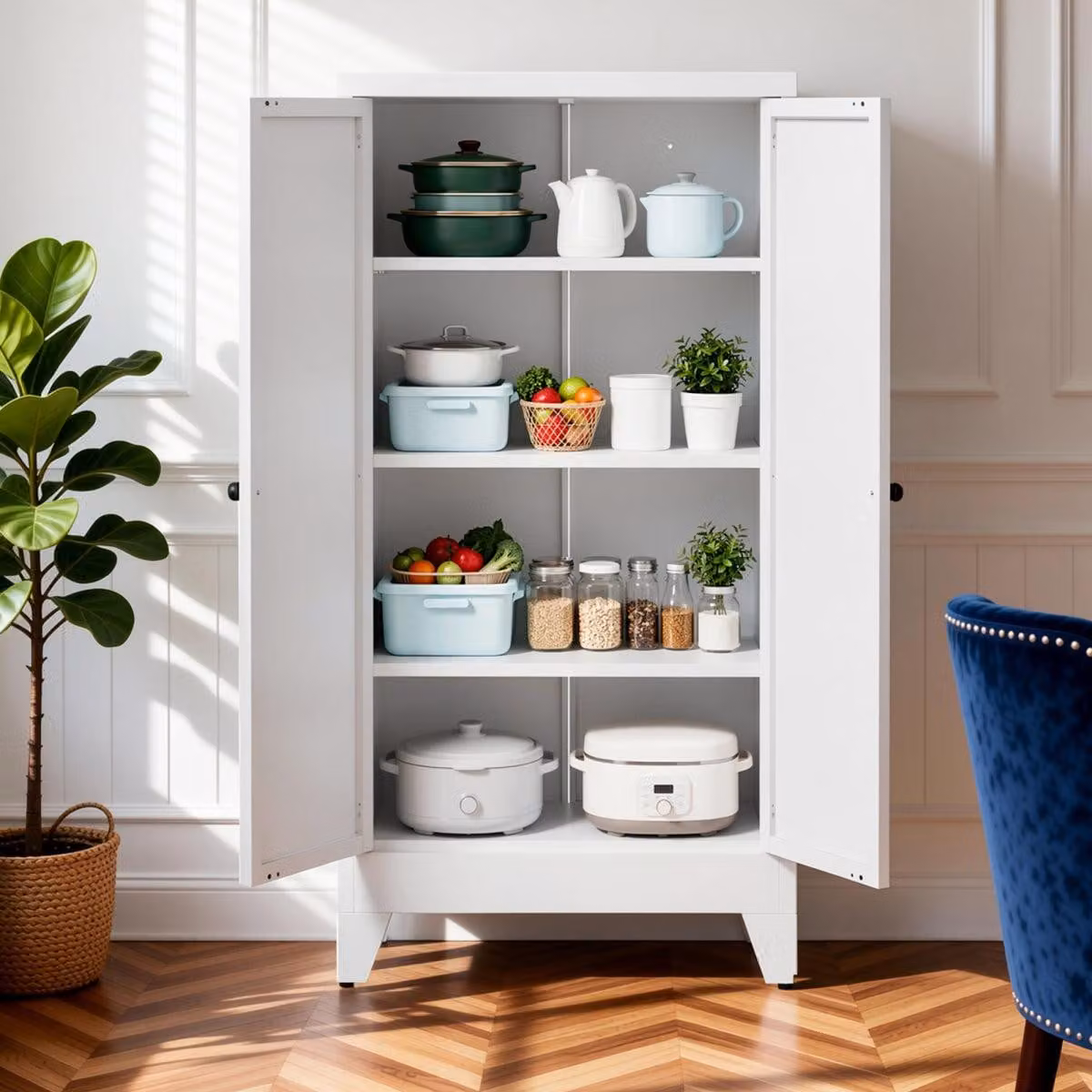 Armadio metallico bianco con ripiani regolabili e 3 scomparti, ideale per l'organizzazione in cucina e in soggiorno, dimensioni 60x30x120 cm, colore bianco