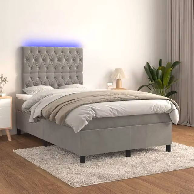 Letto matrimoniale ibrido vidaXL in velluto grigio chiaro con illuminazione LED sottostante e porta USB, L/P/H: 120 x 200 cm – 1