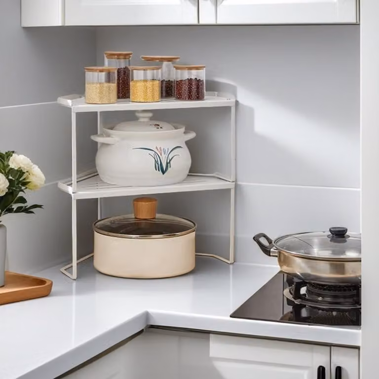 Organizzatore a scaffale metallico impilabile per la cucina, con tappetino antiscivolo - scaffale angolare per cucina e bagno