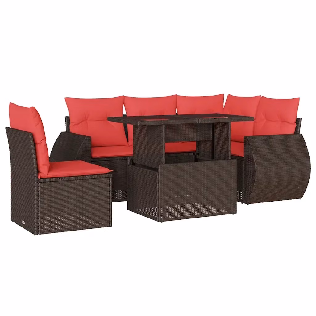 Set da giardino moderno vidaXL composto da 6 pezzi con cuscini marroni e rossi in polyrattan e struttura in metallo con tavolino da caffè – 2
