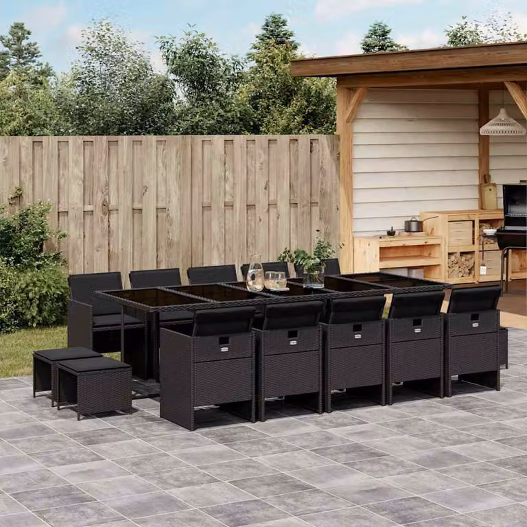 vidaXL Set da Pranzo da Giardino 15 pz in Polyrattan Nero con Piano in Vetro