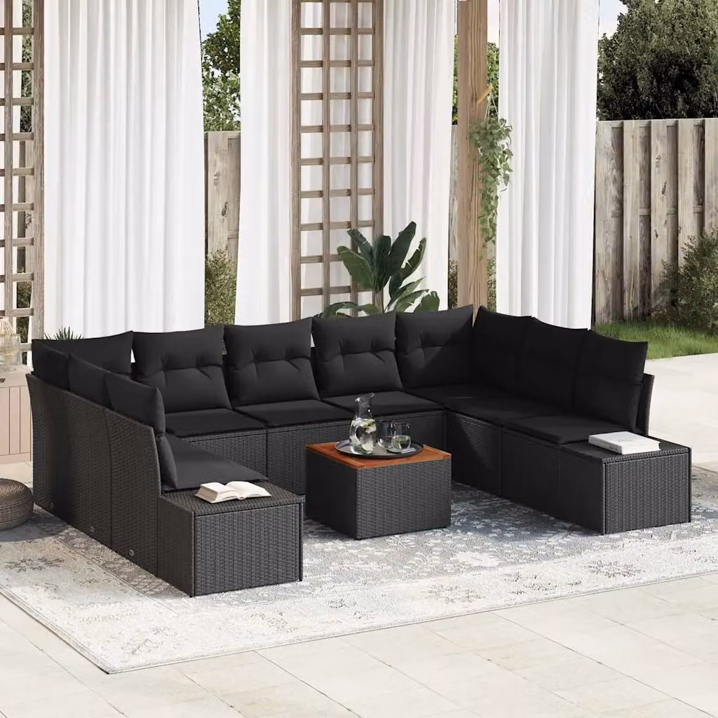 Set Divano da Giardino vidaXL 10 Pezzi Nero con Cuscini e Tavolino in Polyrattan e Acciaio – 1