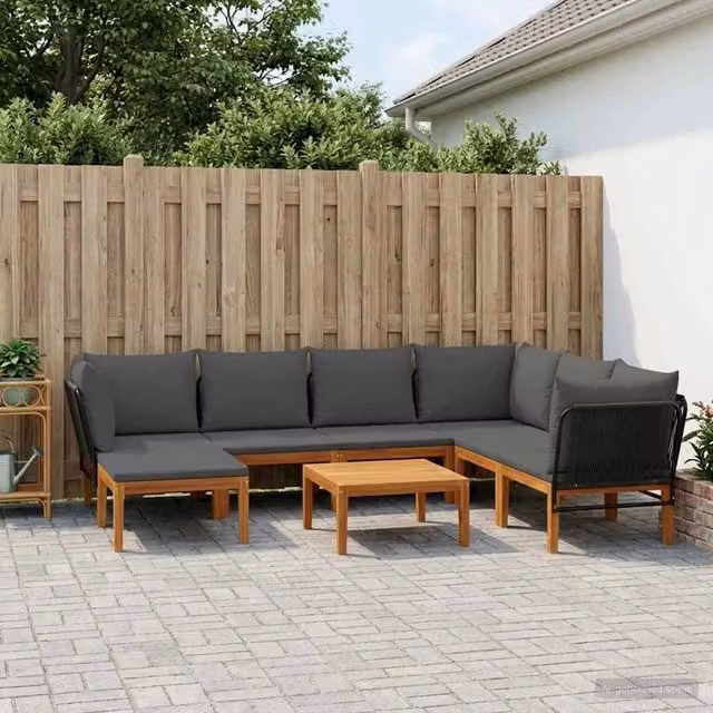 Set da giardino a forma di L vidaXL in legno di acacia con cuscini inclusi, composto da divano angolare, tavolino e pouf, resistente alle intemperie