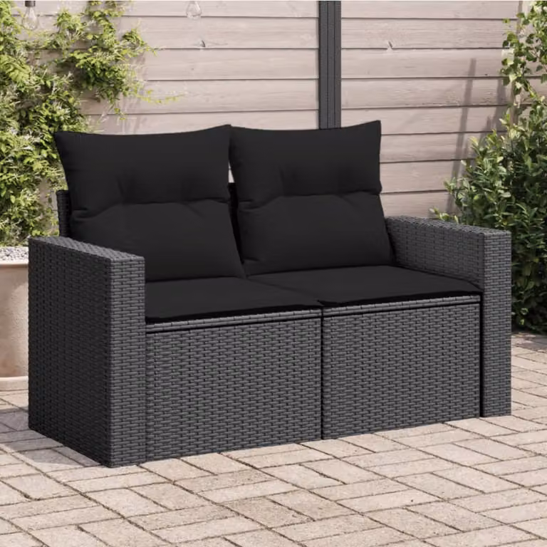 Divano da giardino a 2 posti vidaXL in polyrattan nero con cuscini imbottiti e coperture rimovibili