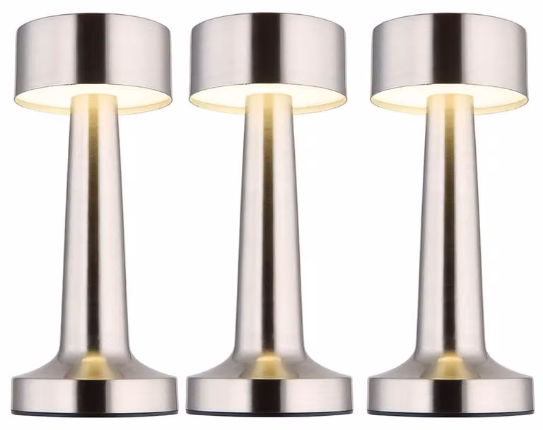 Lampada da tavolo LED, finitura nichel opaco, dimmer touch, alimentazione a batteria, altezza 21 cm