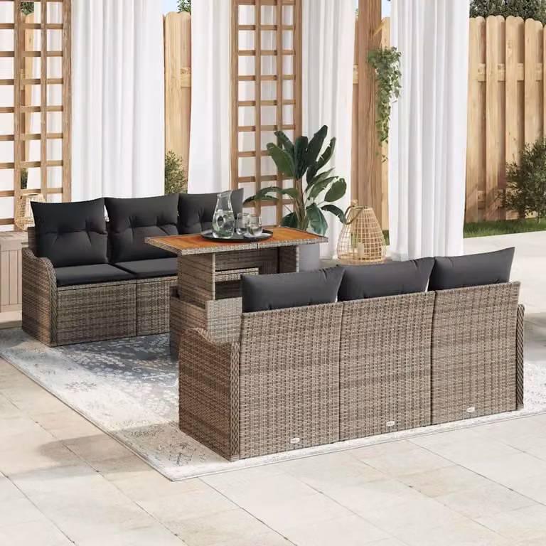 Set Divano da Giardino vidaXL 7 Pezzi in Polyrattan Grigio con Cuscini e Tavolino