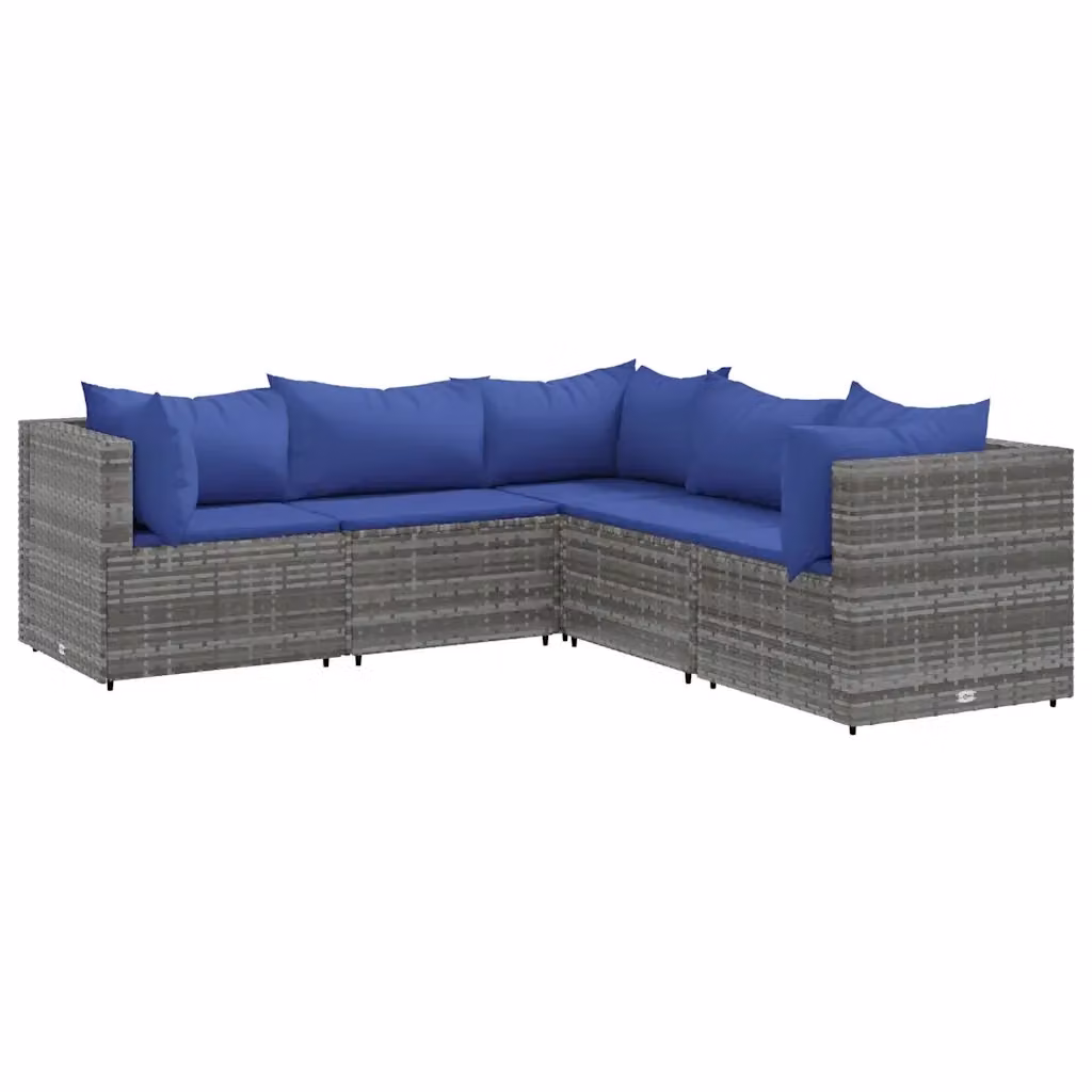 Set di Divani da Giardino vidaXL a Forma di L con Cuscini, Polyrattan e Acciaio, Grigio e Blu – 2