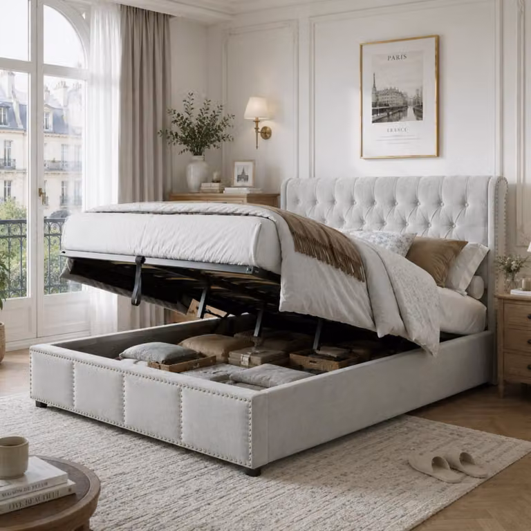 Letto imbottito 160x200 cm con contenitore e sistema di sollevamento idraulico, rivestito in cotone e lino, con rete a listelli, decorazioni con borchie, colore grigio chiaro