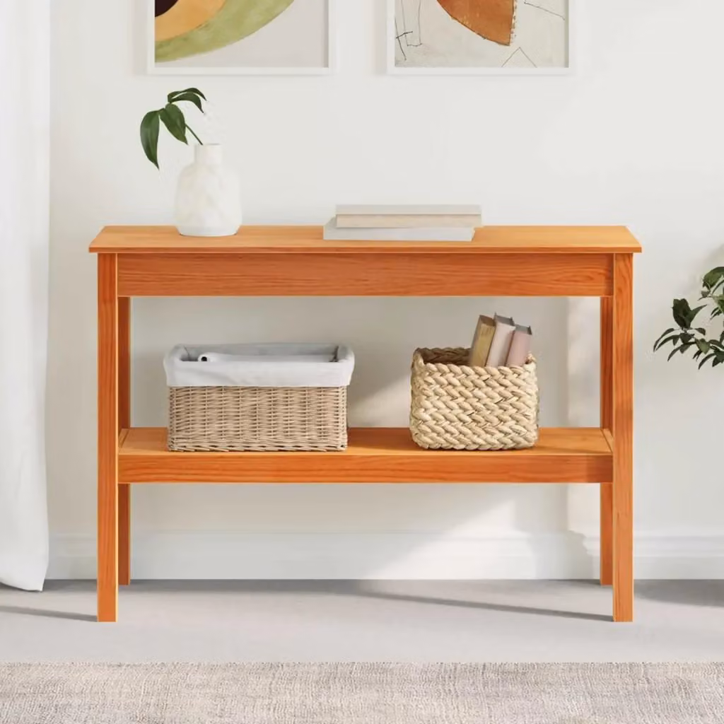 Tavolo Consolle d'Ingresso in Legno di Pino Marrone Cera con Scaffale Design In L/P/H: 110 x 40 x 75 cm – 2