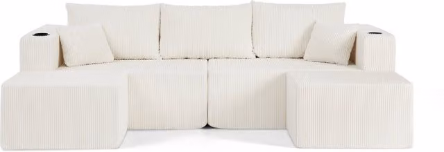 Divano angolare modulare a 3 posti beige in tessuto a coste con pouf mobili, portabicchieri e cuscini inclusi