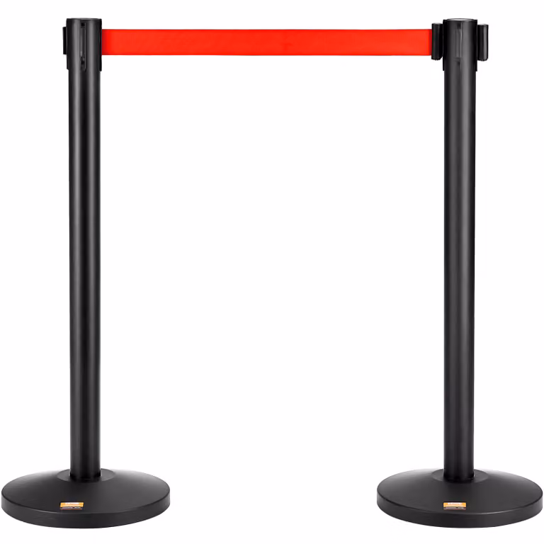 VEVOR Nastro di barriera del sistema di guida del personale Palo di barriera nero 2 pezzi, 3,3 m x 48 mm Nastro rosso retrattile, Acciaio al carbonio Palo di barriera del sistema di guida del personale per aeroporti, centri commerciali