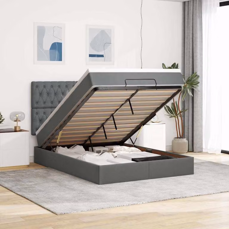 vidaXL Struttura Letto con Materasso e Contenitore Lift-Up in Tessuto, Grigio e Bianco, L/P/H: 193 x 144 x 128 cm