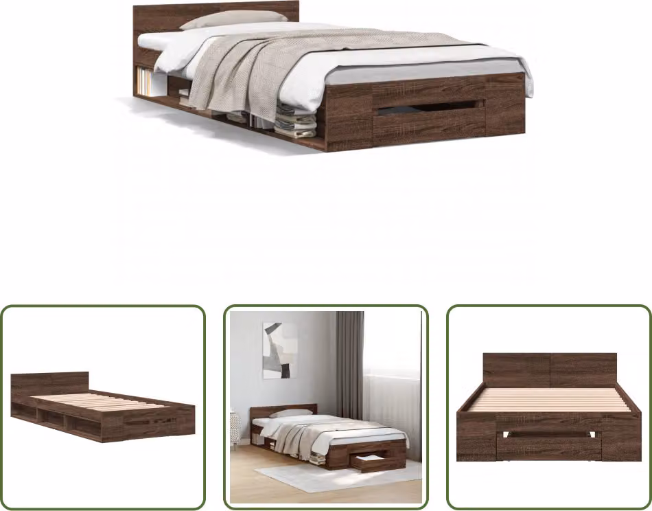 The Living Store Struttura letto con cassetto Rovere marrone 75x190 cm Materiale a base di legno
