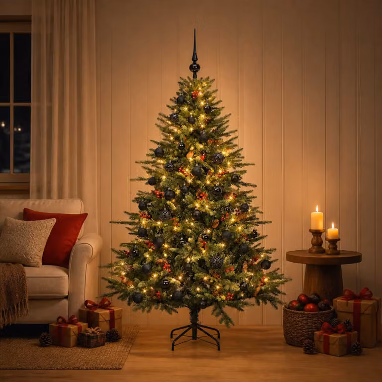 Albero di Natale artificiale verde vidaXL con 150 LED luce bianca calda e decorazioni con palline, stile moderno, in PVC e metallo, Altezza: 150 cm