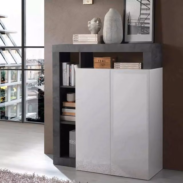 Credenza Smeraldo DMORA, Buffet e Madia da Soggiorno o Cucina, Bianco Lucido e Ardesia, L: 108 cm, P: 42 cm, H: 127 cm – 1