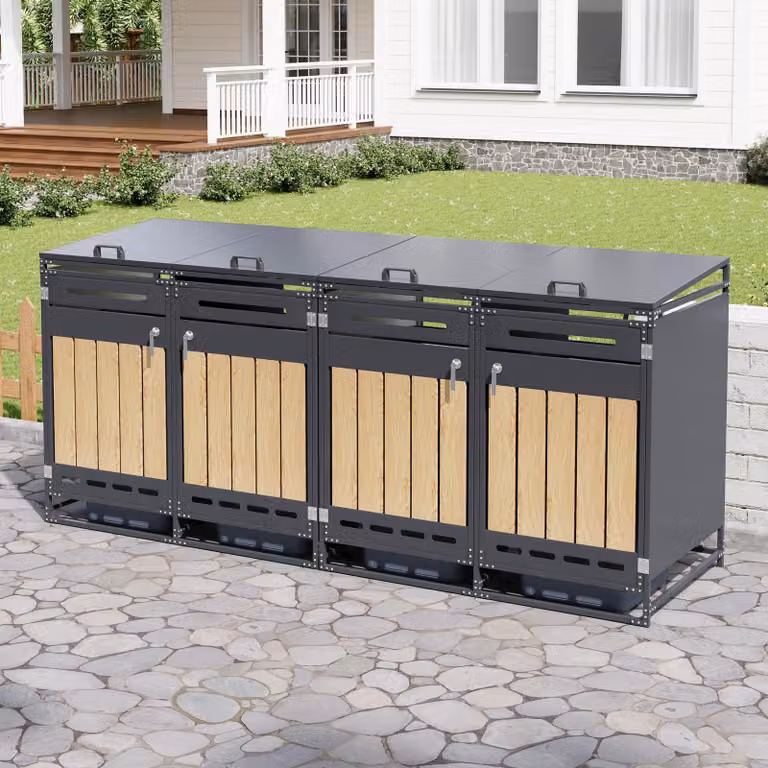 STILVORA: box per bidoni della spazzatura con coperchio idraulico e serratura, armadietto da giardino con rivestimento verticale effetto legno e sistema di ventilazione, armadietto in ferro per il giardino