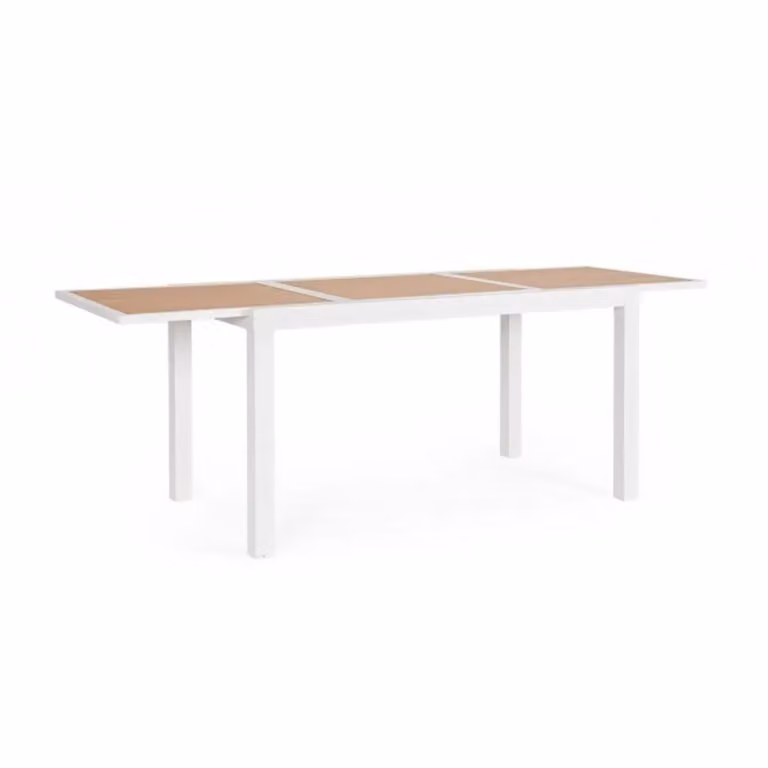 Tavolo allungabile HILIJA effetto legno e struttura in alluminio bianco 140×77 cm – 210×77 cm