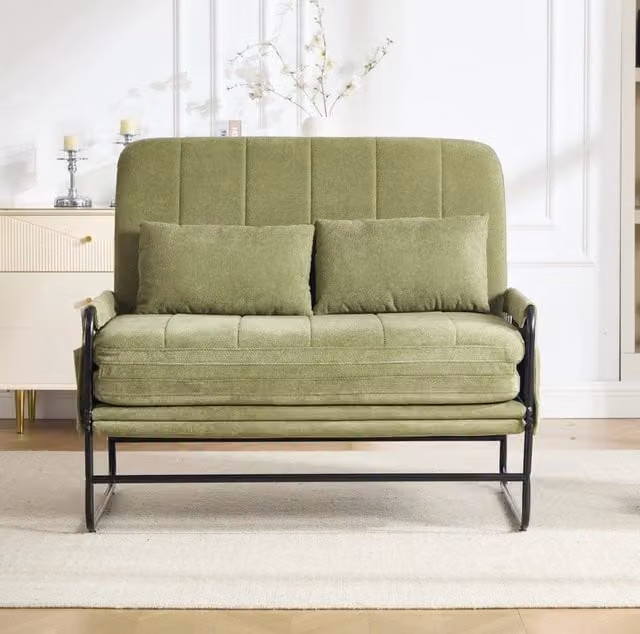 Divano letto 104x200 cm oliva in ciniglia, tasche laterali pratiche