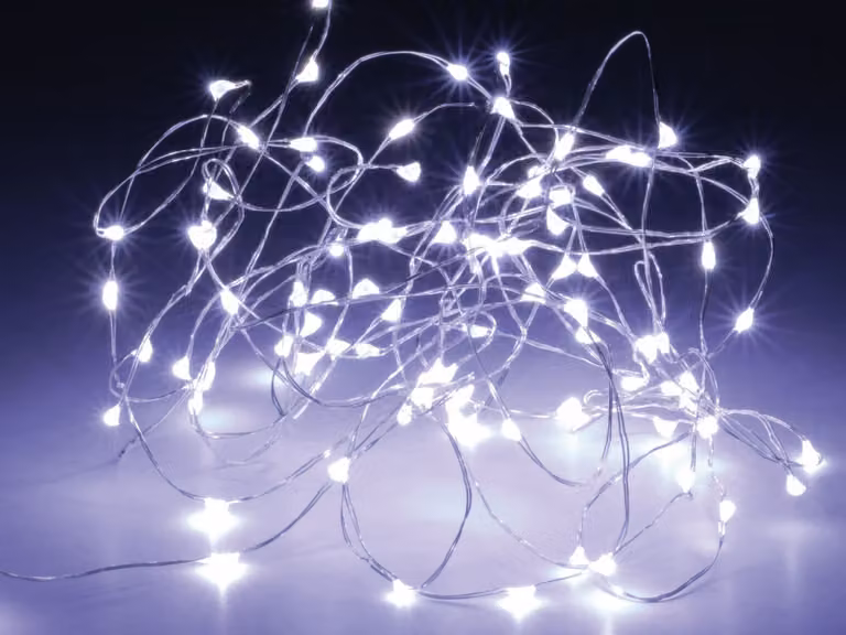 Catena luminosa a LED, bianca, LED, su filo argentato, 100 LED (495 cm)