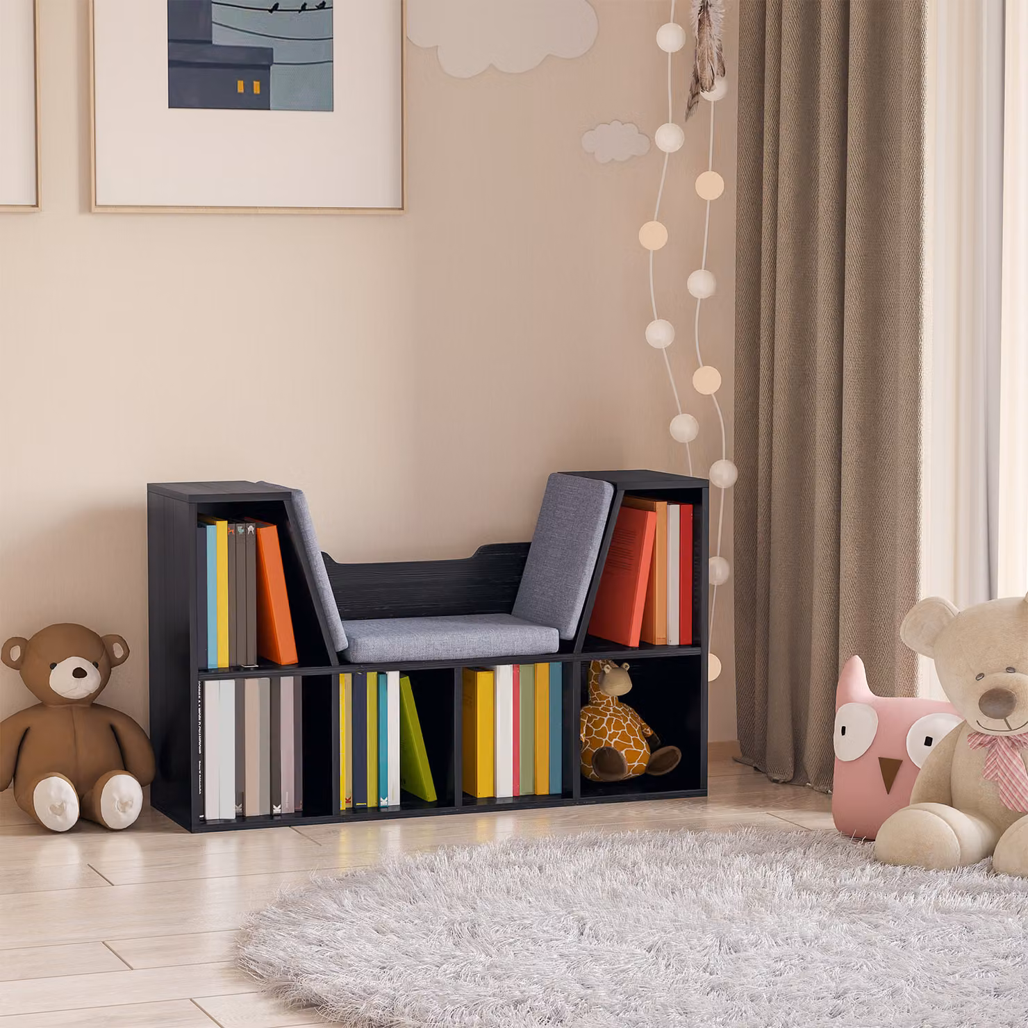 HOMCOM Libreria Panca 2 in 1 con 6 scomparti e 3 cuscini, Design Moderno Nero e Grigio, L 102 x P 30 x H 61 cm – 2