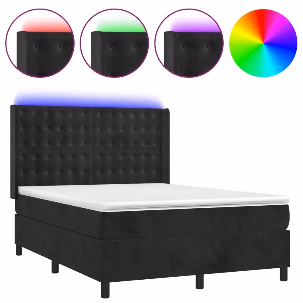Letto Ibrido vidaXL con Materasso e Illuminazione LED, Rivestimento in Velluto Nero, L/P/H: 140 x 200 x 128 cm – 2
