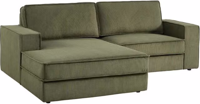 Divano angolare sinistro SWEEEK a 3 posti in velluto a coste verde kaki con struttura in legno massiccio e cuscini inclusi, L/P/H: 231 x 156 x 83 cm