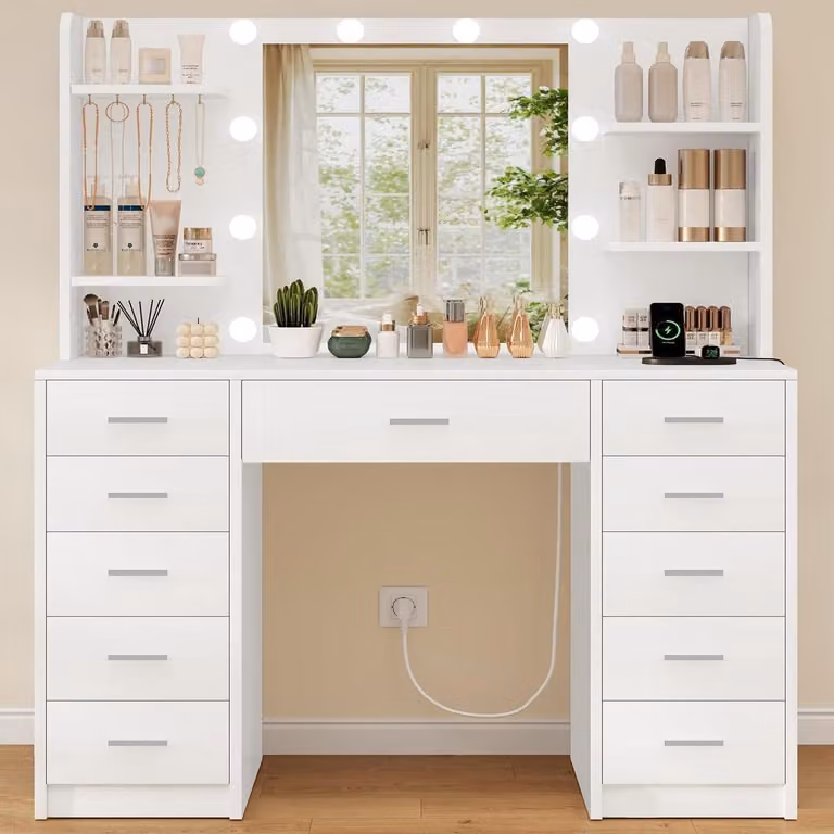 Comò da trucco con illuminazione a LED, specchio, prese di corrente, 11 cassetti, colore bianco
