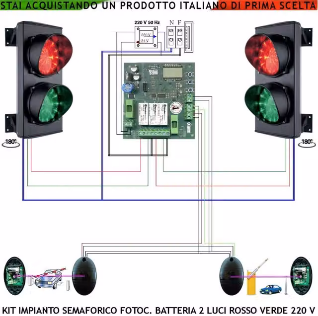 Kit Semafori Orientabili 180 per Condominio Securvera con 24 Led Rossi e 24 Led Verdi, Lente Ø 124 mm, Alimentazione 230 V 3W IP65 e Due Coppie di Fotocellule TX con Batteria per Rilevamento Veicoli – 1