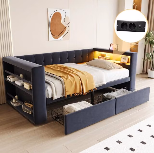 Letto imbottito 90x190 cm con LED, prese elettriche e ampio spazio contenitivo, 2 cassetti grandi, colore grigio scuro