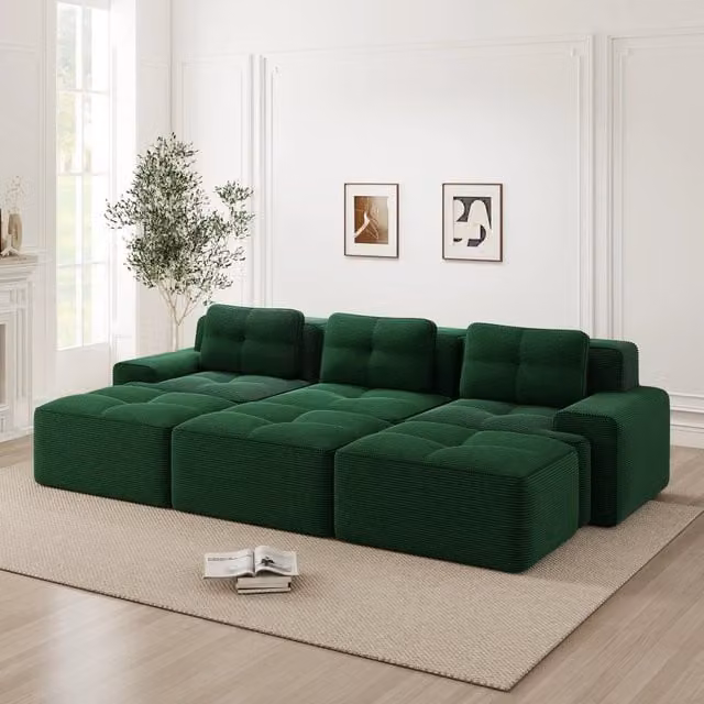 Divano Angolare Modulare MINIMAL Verde con Funzione Letto e 3 Sgabelli in Tessuto
