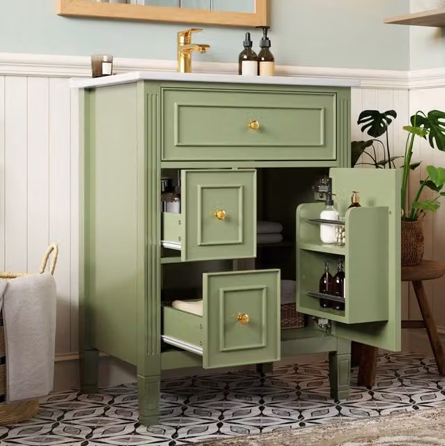 Mobile da bagno 61 cm verde lucido con lavabo in ceramica, cassettiera con cassetti scorrevoli e anta singola con ripiani