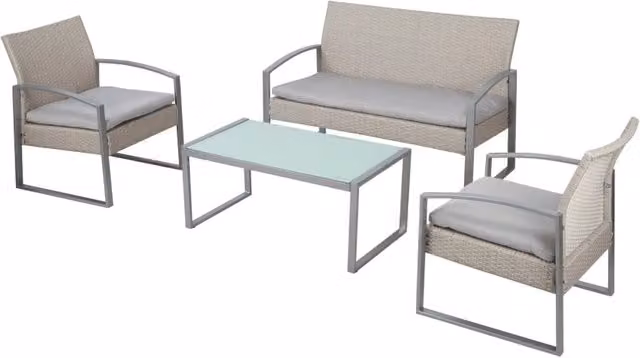Salotto da esterno divano, due poltrone e tavolino metallo grigio e rattan sintetico bianco avorio Fredi Shewa